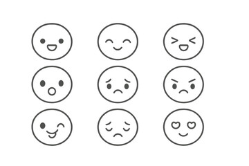 Variety of emoticon faces depicting different emotions and expressions in a simple vector design