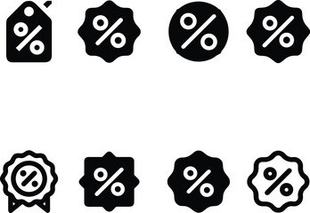 Bold Discount Percentage Icon. Solid Black Promo Badges and Tags Set