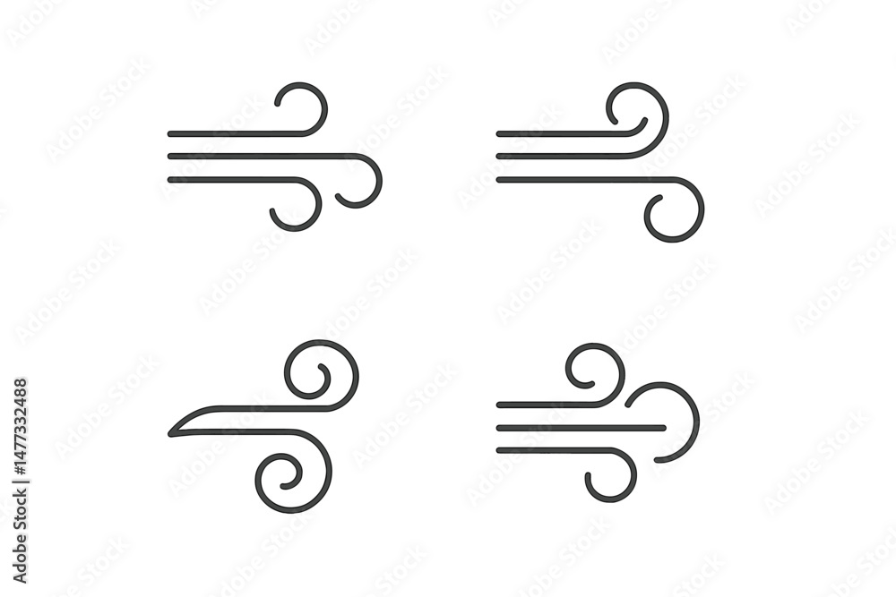 Poster wind vector icons featuring flowing lines and swirls to represent air movement and breeze effects