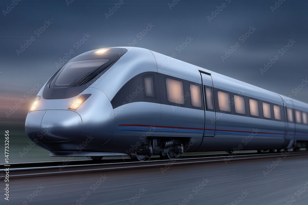 Poster high-speed modern train rushing through a dynamic urban landscape showcasing efficiency innovation a