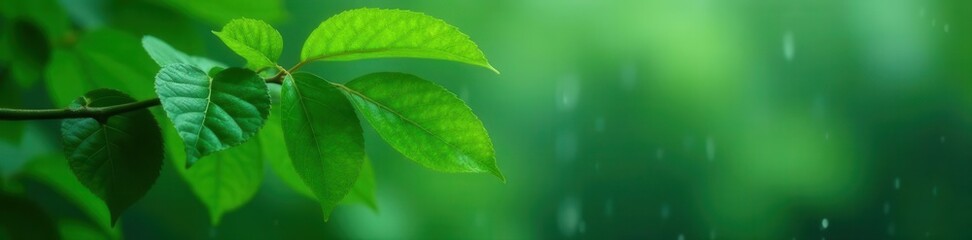 Rain-soaked green leaves, vibrant branch, monsoon downpour, close-up, flora