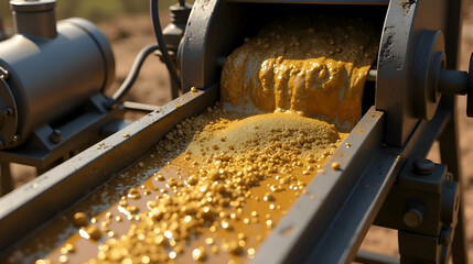 The gold separation machine has a vibrating sluice box and a shaking table