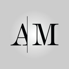 AM logo with a sans serif typeface font