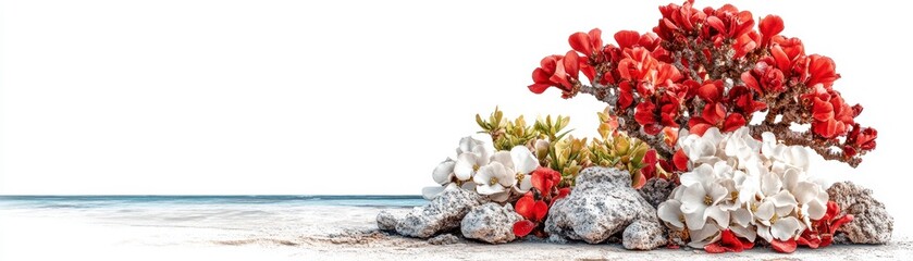 Vibrant Red Berries and Coastal Rocks A Serene Beachscape