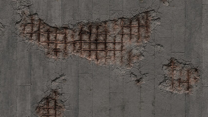 Close up of a damaged concrete wall with exposed rebar reinforcement