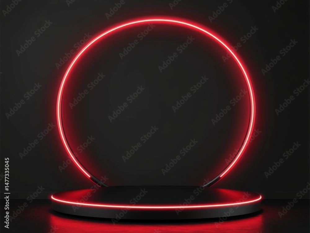 Poster modern product display stand with red neon circle frame on dark background studio shot for presentat