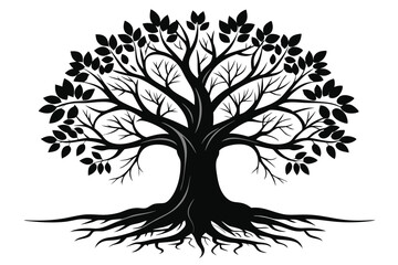 Black Silhouette of Leafy Tree with Roots Illustration Symbol of Strength