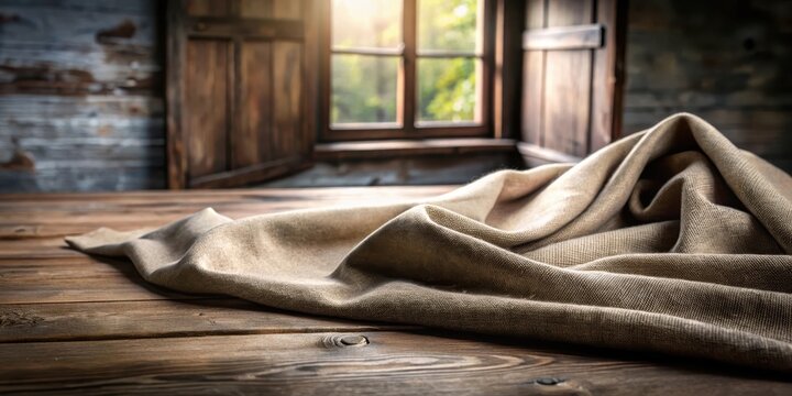 Softly draped Marinos wool fabric on a rustic wooden table, with natural light filtering through the window , marinos wool, natural texture
