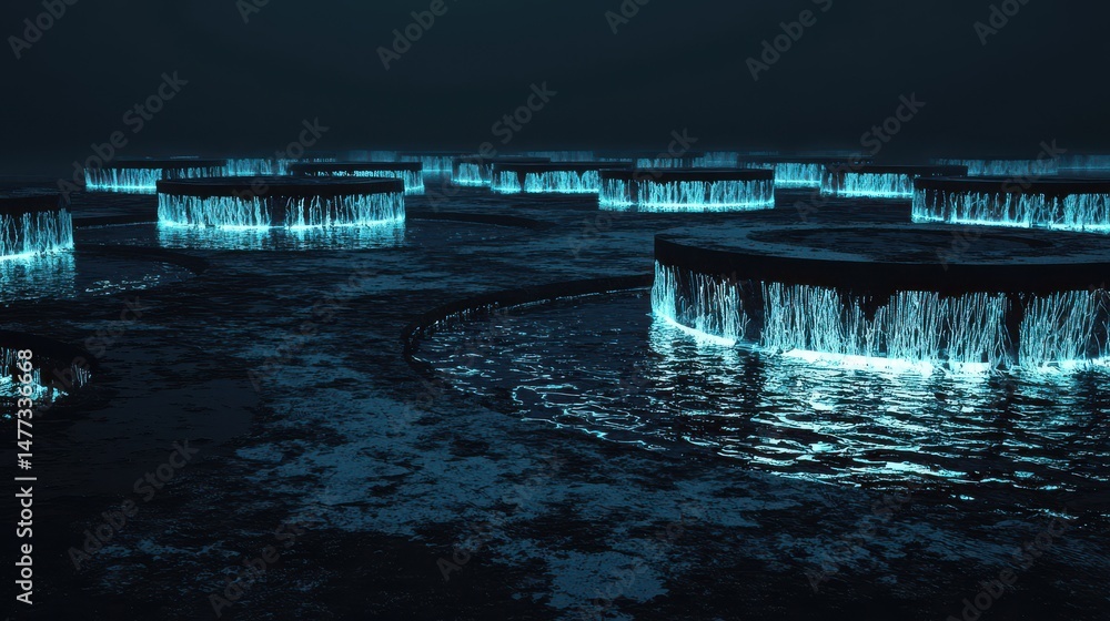 Poster illuminated water features creating mesmerizing reflections at night.