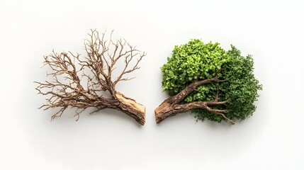 A single dried and withered tree branch juxtaposed with a healthy green one symbolizing the contrast between deforestation and conservation efforts to protect the environment and natural ecosystems