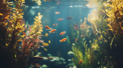 Underwater Scene with Golden Fish and Vibrant Aquatic Plants