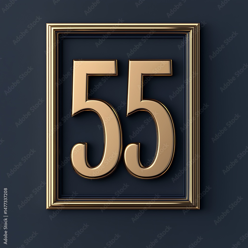 Poster gold number 55 displayed in a stylish metallic frame on a dark background, creating a modern and ele