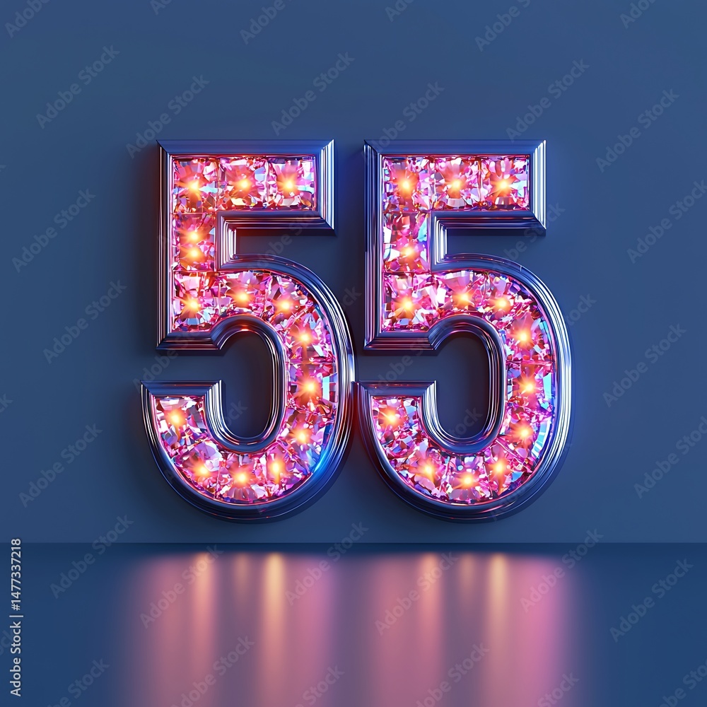 Poster a shiny, illuminated number 55 with sparkling lights on a reflective surface against a blue backgrou
