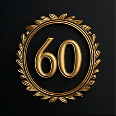 Naklejka premium Elegant gold number 60 inside a decorative laurel wreath on a black background, symbolizing a milestone or anniversary celebration.