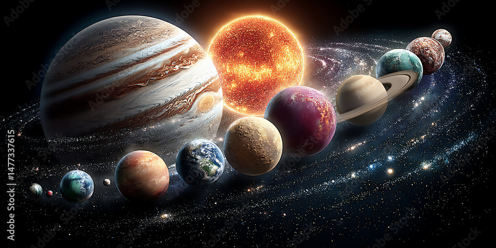 Poster a 3d rendering accurately illustrating the solar system with the sun and planets in their relative p