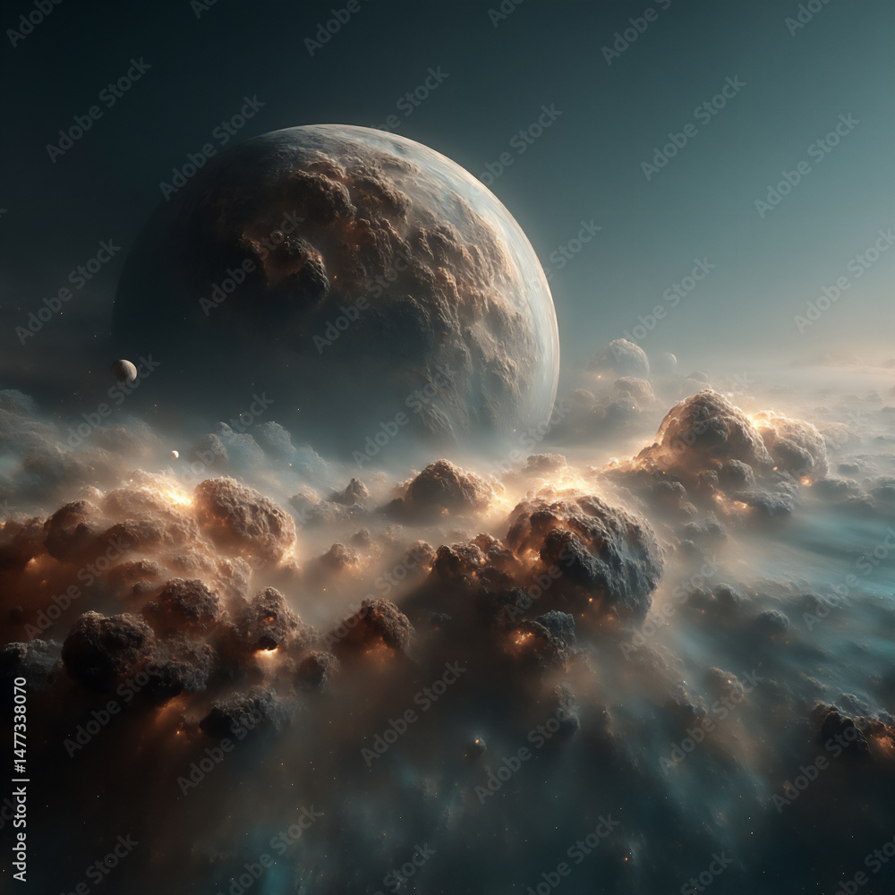 Poster an image depicting a visually striking arrangement of planets against a backdrop of nebulae and star