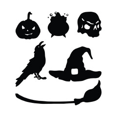 Halloween Silhouette Vector Set. Witch Hat, Broom, Pumpkin, Skull & Cauldron Icons.