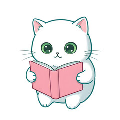 可愛い白猫がピンクの本を熱心に読む姿