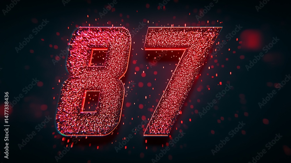 Poster glittering red number 87 with glowing particles on a dark background.