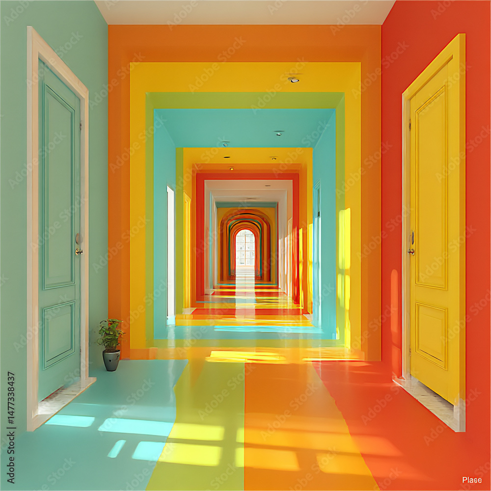 Poster a minimalist 3d artwork focusing on the vibrant color fields of an empty interior space illuminated 