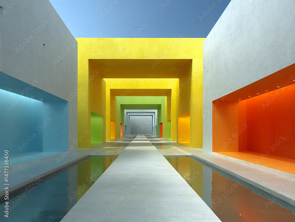 Poster a modern 3d rendering showcasing a color block interior with bold hues and contrasting elements, rep