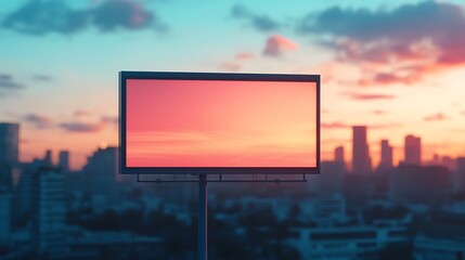 Fototapeta premium Large empty billboard stands against a colorful sunset sky over a city skyline, ready for advertising or digital display.