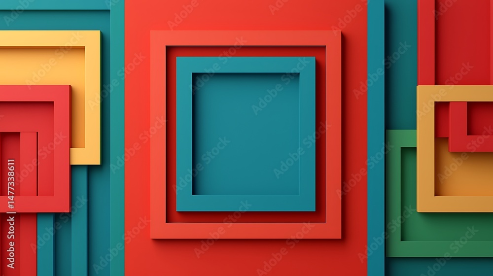 Poster colorful layered geometric squares overlap in a vibrant abstract pattern, featuring red, teal, yello