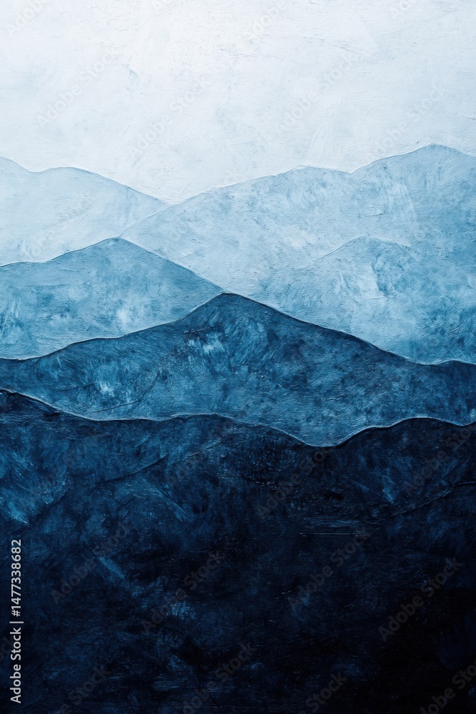 Poster abstract blue mountain range painting with texture and depth in vertical format for backgrounds or a