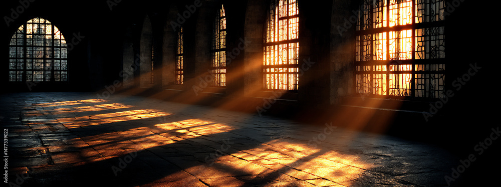 Poster a 3d rendering focusing on the interplay of light and shadow from arched windows in an empty room, c