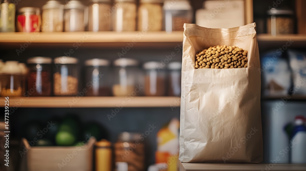 Poster minimalistic image of a bag of nuts resting on a table in a simple and clean setting with a bright b