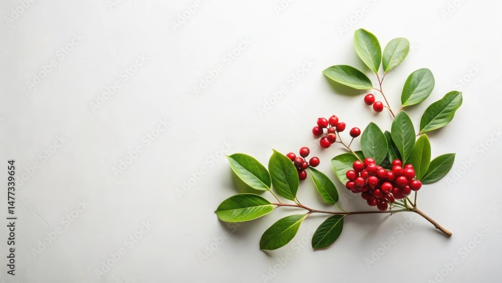 Poster vibrant red berries and lush green leaves arranged on a smooth white surface, creating a festive and