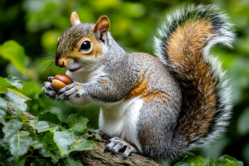 Obraz premium Generative AI image of wild squirrel sitting on tree branch in lush summer forest eating acorn with detailed fur and natural background
