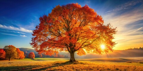 Autumnal Glory A Majestic Tree Bathed in the Warm Golden Hues of a Sunrise, Casting Long Shadows Across a Serene Meadow