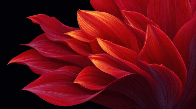A dramatic close up image displays vibrant red dahlia petals layered beautifully against a dark backdrop, showcasing a gradient from deep red to bright orange hues.