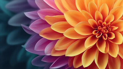 Fototapeta premium A vibrant dahlia flower is featured in extreme close-up showing a mesmerizing gradient of orange, pink, and purple petals with a soft blurred background effect.