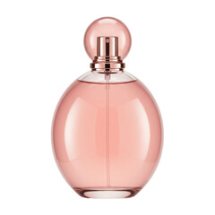 A spherical fragrance bottle with a round top, filled with a light rose tinted liquid