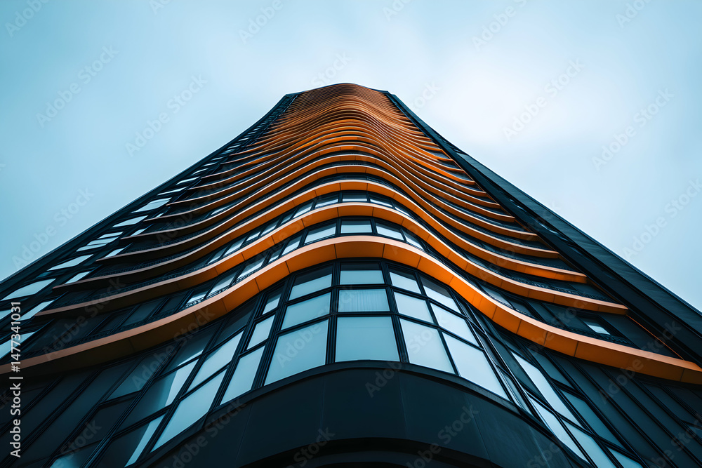Poster striking low-angle view of a modern skyscraper with a wave-like facade, showcasing its architectural