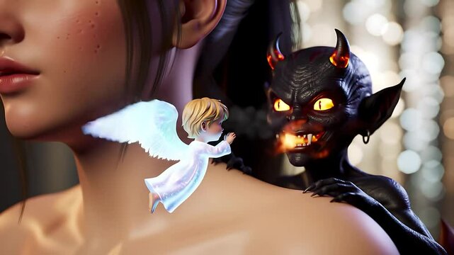 animation of a girl being whispered by an angel and a devil