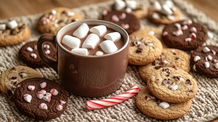 Cookie and Cocoa Pairing - Festive cookies arranged around a mug of hot chocolate with marshmallows and a candy cane on a knitted placemat.