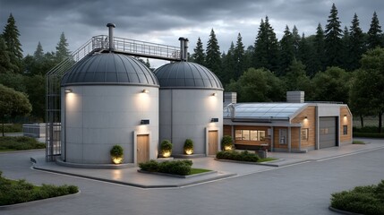 Aerial perspective of a rural biomass facility with glowing wood flame reactor domes, forest surroundings, piping networks carrying eco-heat steam to adjacent greenhouse structures under dawn