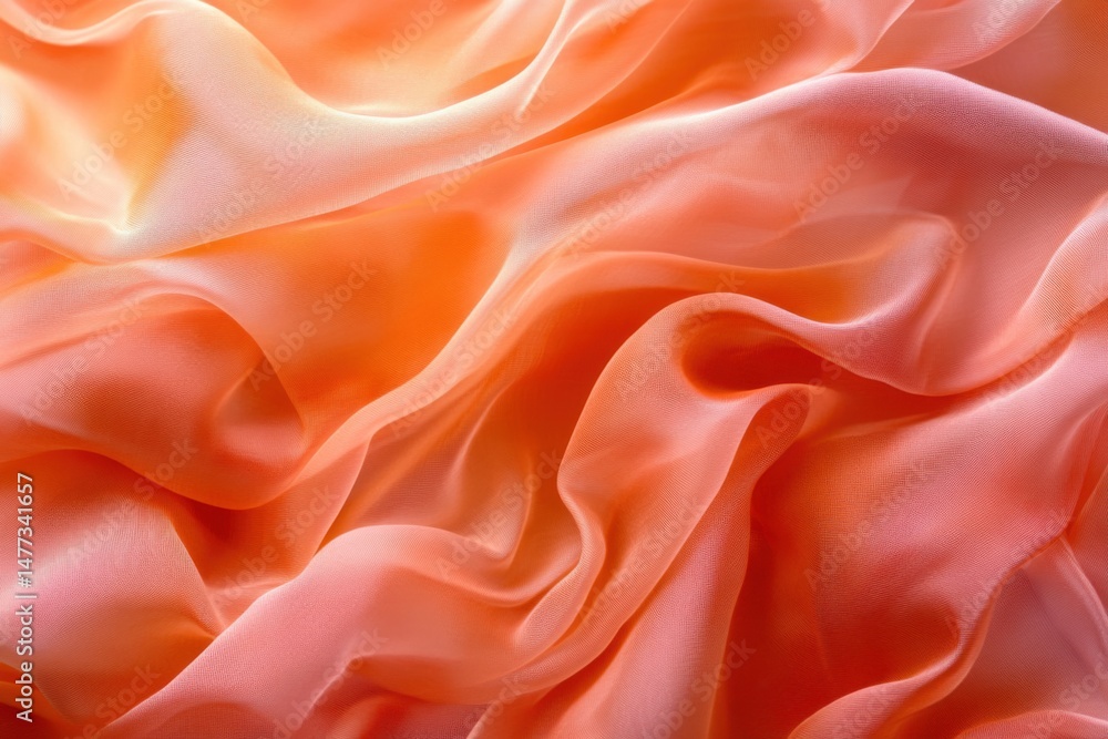 Poster abstract close-up of flowing peach chiffon fabric with soft folds and delicate texture in studio lig