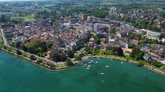 An Panoramic aerial of the old town of the city Morges in Switzerland on a sunny day in summer
