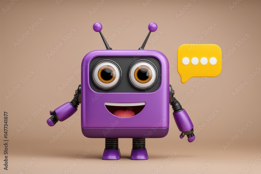 Poster cheerful purple robot character with big expressive eyes and playful design holding chat bubble symb