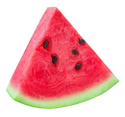 Watermelon triangle slice with seeds isolated on white. Slice of fresh juicy watemelon closeup....