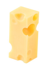 Emmental cheese cubes isolated. Swiss holey maasdam cheese piees on white background close up.