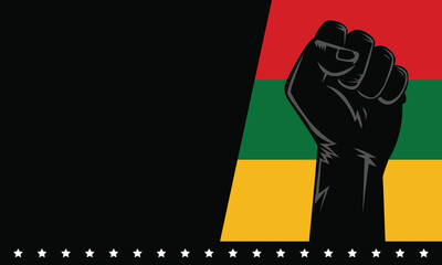 Raised clenched fist with shining stars and Juneteenth colors. Strong symbol of power, resistance, and celebration. Includes copyspace for message or title.