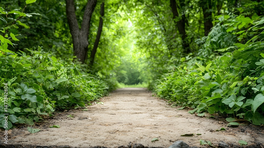 Aufkleber serene and inviting forest pathway surrounded by vibrant green foliage and towering trees leading th