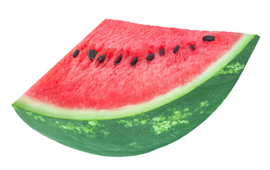 Flying Watermelon triangle slice with seeds isolated on white. Fresh juicy watemelon closeup....