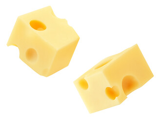 Flying Cheese pieces isolated on white. Levitating maasdam cheese cubes. Holey Chese Explosion. Top view. Flat lay.  Package design element.  Creative layout.