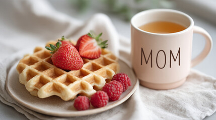 Cozy breakfast setting with waffles, berries, and special mom mug